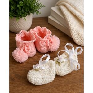 Handmade Crochet Baby Booties Set Pink Pom Pom & Cream Ribbon Rose 2 Pairs